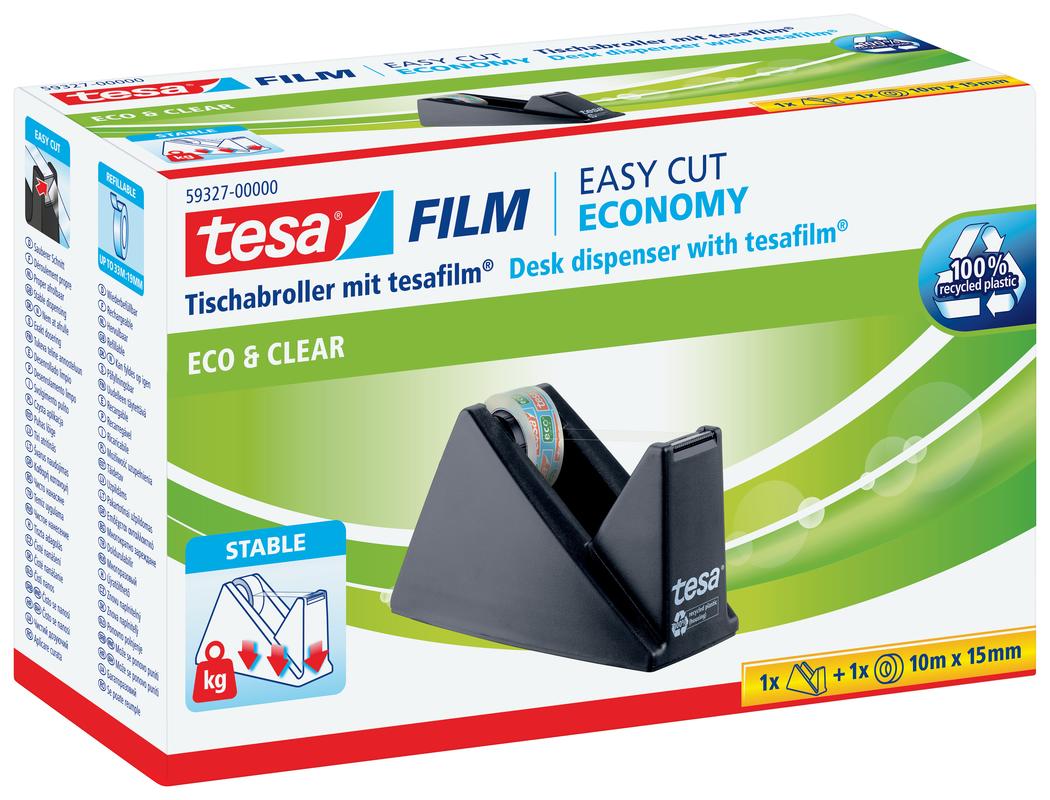 TESA Tischabroller, Easy Cut, ecoLogo®, schwarz, inkl. 1 Rolle tesafilm® Eco & Clear, 10m : 15mm